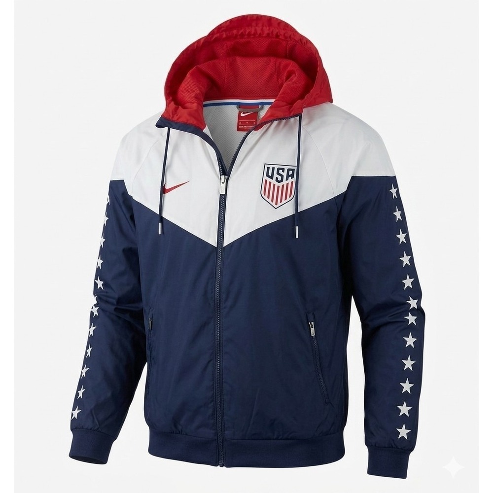 Nike Team USA Red, White, Blue Hooded Long Sleeve Windbreaker. Size L